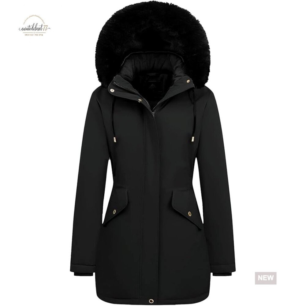 Long Winter Down Parka with Detachable Faux Fur Hood, Fleece Lined, Waterproof